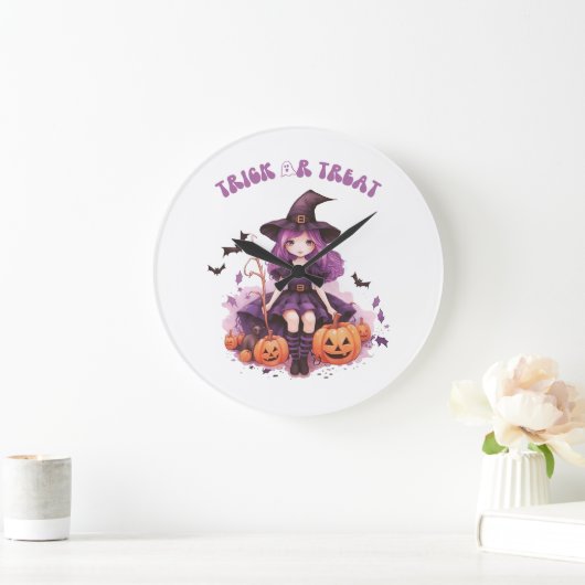 Lila Hexenkürbis und Fledermäuse tricksen oder beh Große Wanduhr (Zuhause)