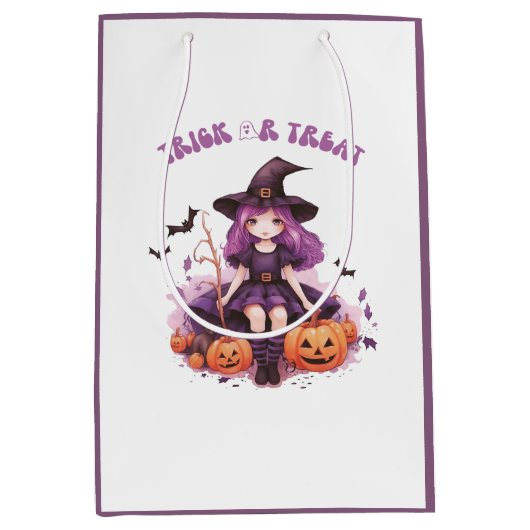 Lila Hexenkürbis und Fledermäuse tricksen oder beh Mittlere Geschenktüte (Vorderseite)