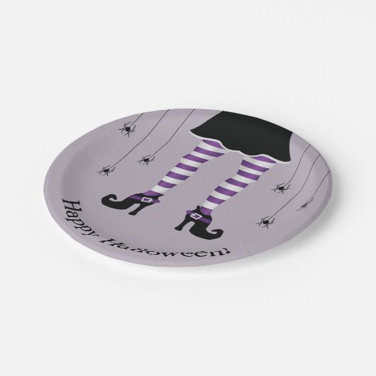 Lila Hexenleder und Spinnen glücklich Halloween Pappteller (Schrägansicht)