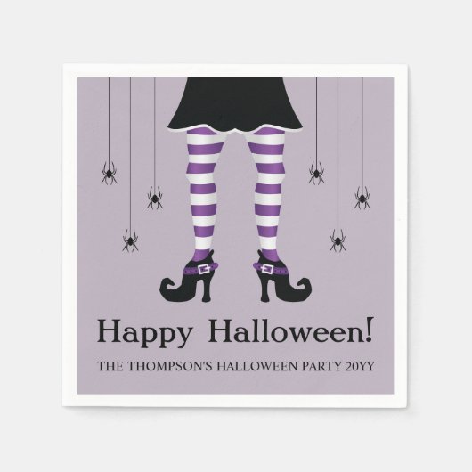 Lila Hexenleder und Spinnen glücklich Halloween Serviette (Vorderseite)