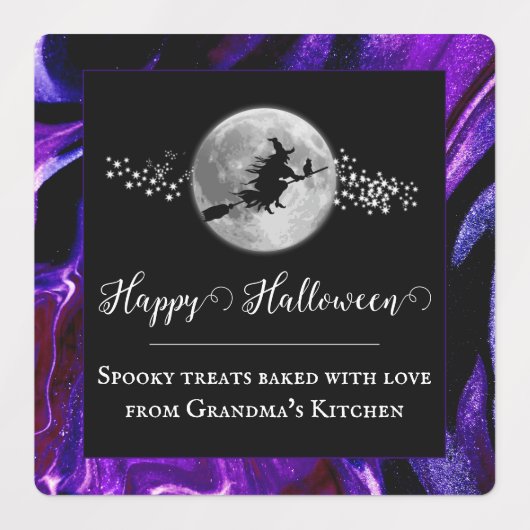 Lila Hexensche Silhouette Halloween Etiketten (Design 1)