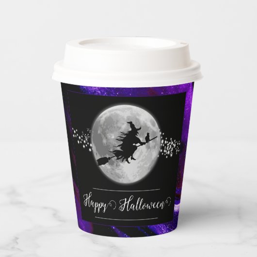 Lila Hexensche Silhouette Halloween Pappbecher (Vorderseite)