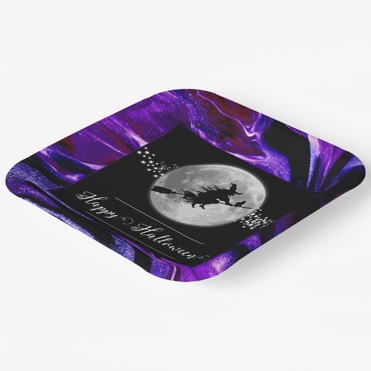 Lila Hexensche Silhouette Halloween Pappteller (Gewinkelt)