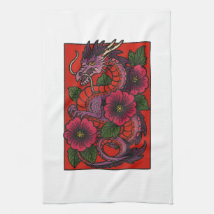 Lila Hibiskus chinesischer Drache Geschirrtuch