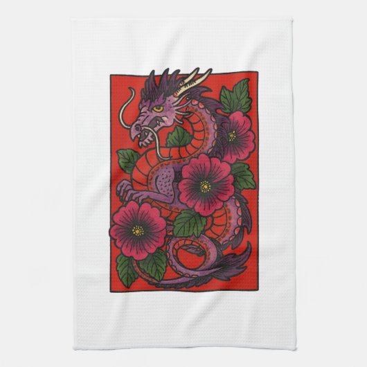 Lila Hibiskus chinesischer Drache Geschirrtuch (Vertikal)