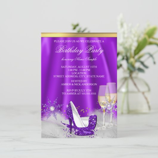 Lila High Heel Gold Champagner Snowflakes Party Einladung (Stehend Vorderseite)