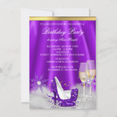 Lila High Heel Gold Champagner Snowflakes Party Einladung (Vorderseite)