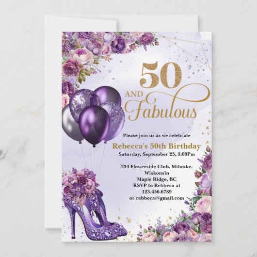 Lila High Heels 50. Geburtstag Einladung (Vorderseite)