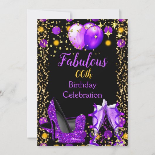 Lila High Heels Gold Balloons Champagner Party Einladung (Vorderseite)
