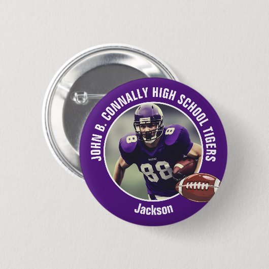 Lila High School Football Player Foto Button (Vorne & Hinten)
