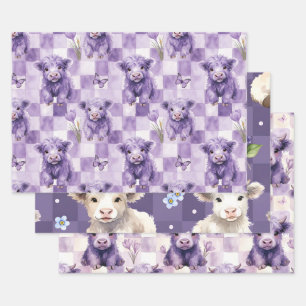Lila Highland-Kuh Blumen-Kariert Geschenkpapier Set