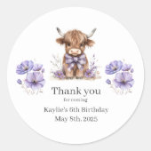 Lila Highland Kuh Geburtstag Danke Aufkleber (Vorderseite)