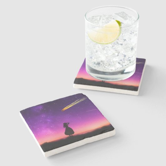 Lila Himmel mit einem Comet, der zur Erde abstürzt Steinuntersetzer (Seitenansicht)