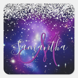 Lila himmlischer funkelnder silberner Glitter Mono Quadratischer Aufkleber