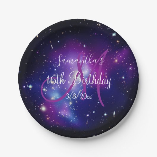 Lila himmlisches Monogramm Geburtstag Pappteller (Vorderseite)