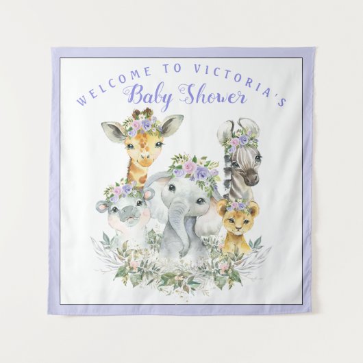 Lila Hintergrund des Safari Baby Shower Wandteppich (Vorderseite)