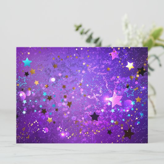Lila Hintergrund mit Sternen Einladung (Stehend Vorderseite)