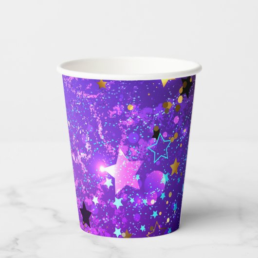 Lila Hintergrund mit Sternen Pappbecher (Rückseite)