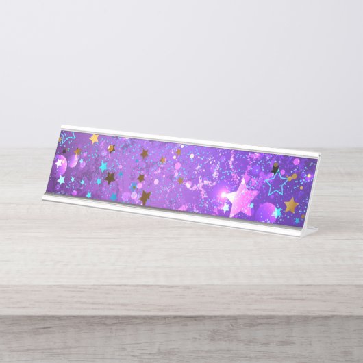 Lila Hintergrund mit Sternen Schreibtischnamensplakette (Vorderseite )