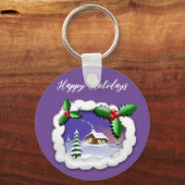 Lila Hintergrund mit Weihnachtsbaum, Haus Schlüsselanhänger (Vorderseite)