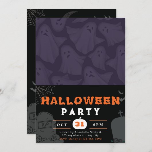 Lila Hintergrund mit weißem Ghosts Schwarzes Hallo Einladung (Vorne/Hinten)
