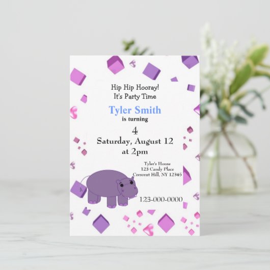 Lila Hippo-Party Einladung (Stehend Vorderseite)