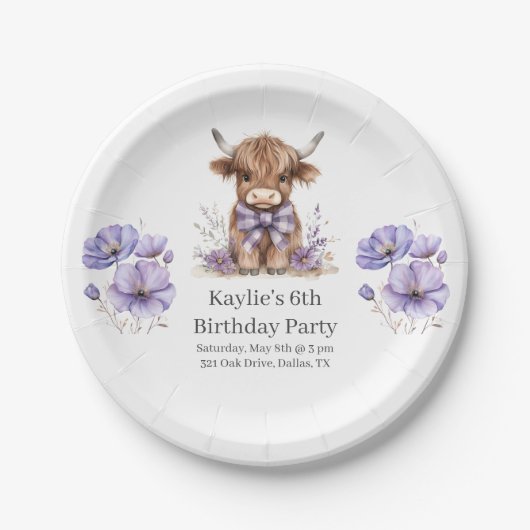 Lila Hochlandkuh-Geburtstagspartei Pappteller (Vorderseite)