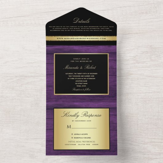 Lila Hochzeit All In One Einladung (Innen Boden)