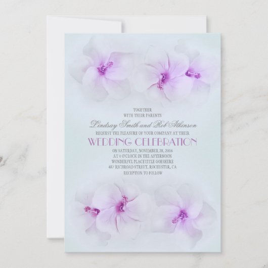 lila Hochzeit am Strand mit Hibiskus Einladung (Vorderseite)
