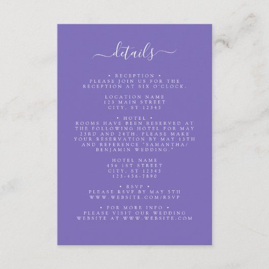 Lila Hochzeit Begleitkarte (Vorderseite)