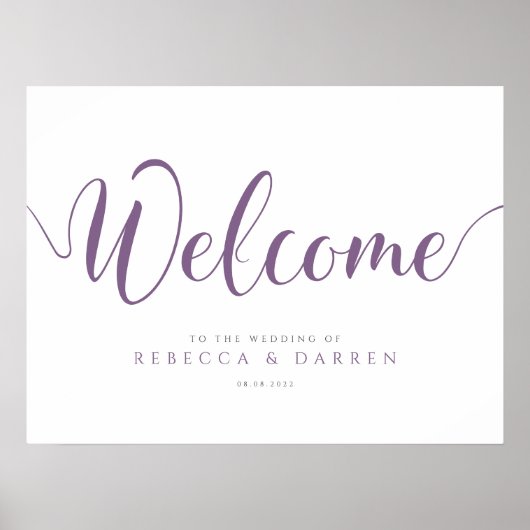 Lila Hochzeit Begrüßung Personalisiertes Zeichen Poster (Vorne)