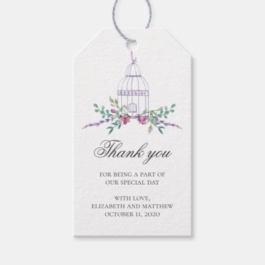 Lila Hochzeit danke. Geburtskäfig und Blume Geschenkanhänger (Vorderseite)