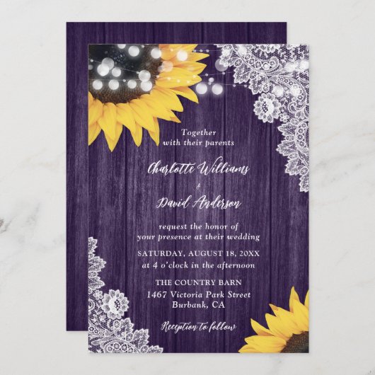 Lila Hochzeit der Rustikalen Holzblume Einladung (Vorne/Hinten)