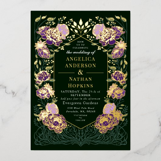 Lila Hochzeit des Grünen verzauberten Blumengarten Folieneinladung (Vorderseite)