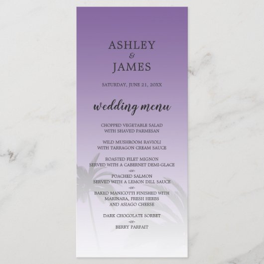 Lila Hochzeit des tropischen Palmenhains Menükarte (Vorderseite)