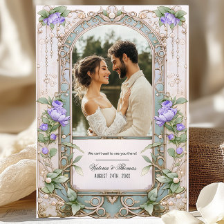 Lila Hochzeit im Jugendstil-Stil Einladung