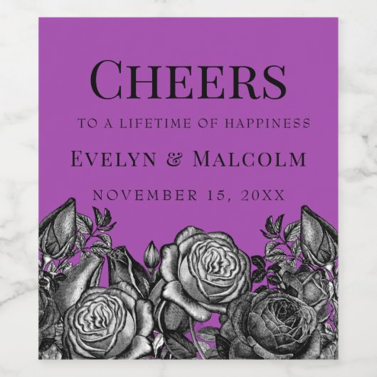 Lila Hochzeit in Schwarz und Weiß Weinetikett (Einzelnes Label)