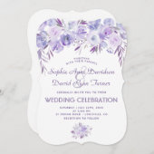 Lila Hochzeit mit blauer Blume Einladung (Vorne/Hinten)