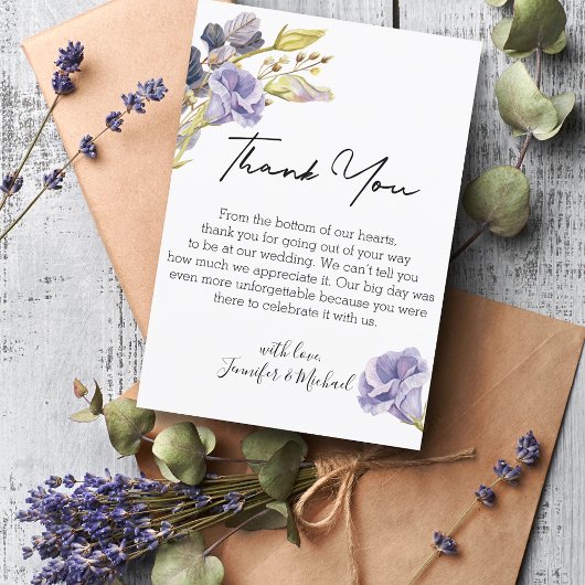 lila Hochzeit mit Blumen Dankeskarte