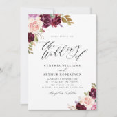 Lila Hochzeit mit Blumen Einladung (Vorderseite)