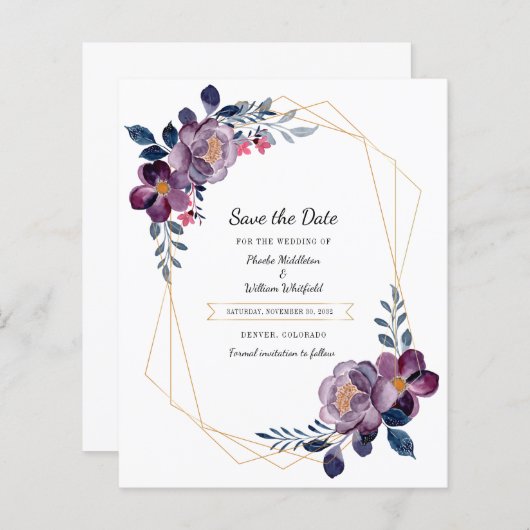 Lila Hochzeit mit Blumengewässer retten das Datum (Vorne/Hinten)