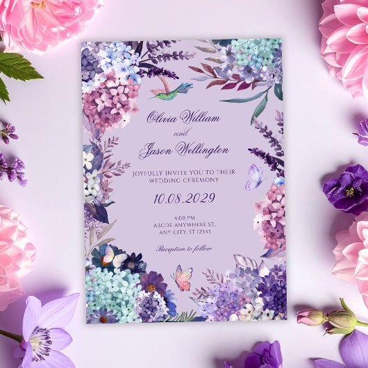 Lila Hochzeit mit Blumenmuster Einladung