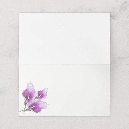 Lila Hochzeit mit Calla Lily Floral Platzkarte (Außenseite Aufgefaltet)