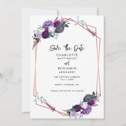 Lila Hochzeit mit Elegant Save The Date (Vorderseite)