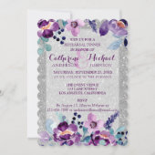 Lila Hochzeit mit Flora und Glitzer Einladung (Vorderseite)