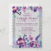 Lila Hochzeit mit Flora und Glitzer Einladung (Vorderseite)