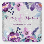 Lila Hochzeit mit Flora und Glitzer Quadratischer Aufkleber (Vorderseite)
