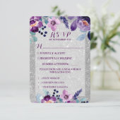 Lila Hochzeit mit Flora und Glitzer RSVP Karte (Stehend Vorderseite)