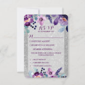 Lila Hochzeit mit Flora und Glitzer RSVP Karte (Vorderseite)