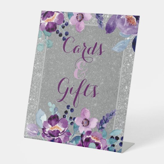 Lila Hochzeit mit Flora und Glitzer Sockelschild (Vorderseite)